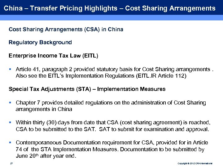 China – Transfer Pricing Highlights – Cost Sharing Arrangements (CSA) in China Regulatory Background