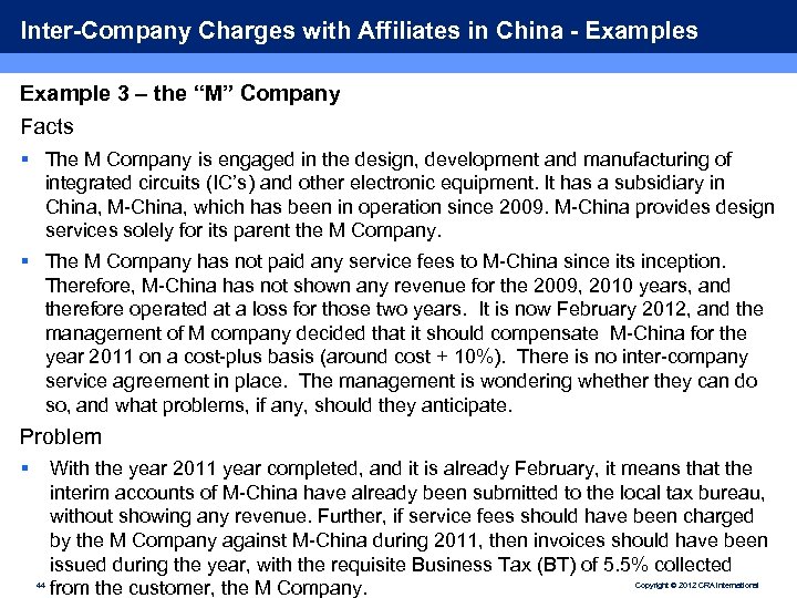 Inter-Company Charges with Affiliates in China - Examples Example 3 – the “M” Company