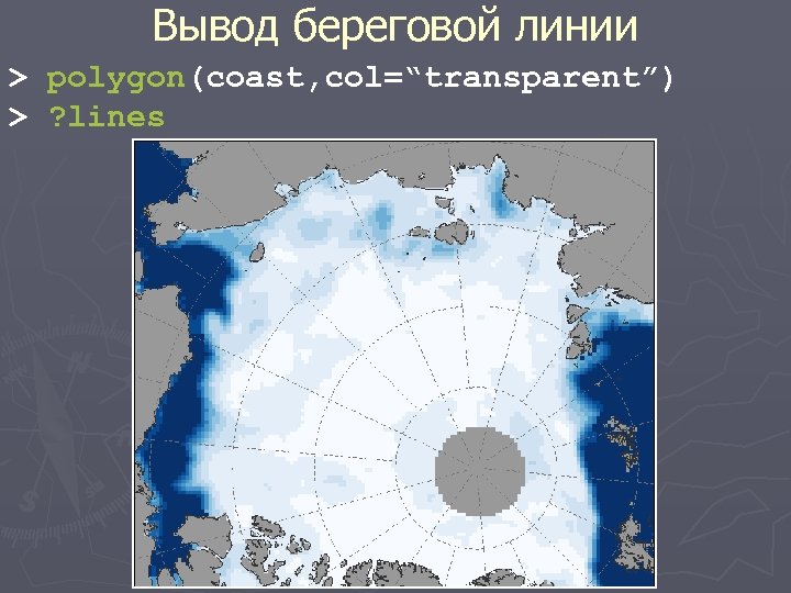 Вывод береговой линии > polygon(coast, col=“transparent”) > ? lines 