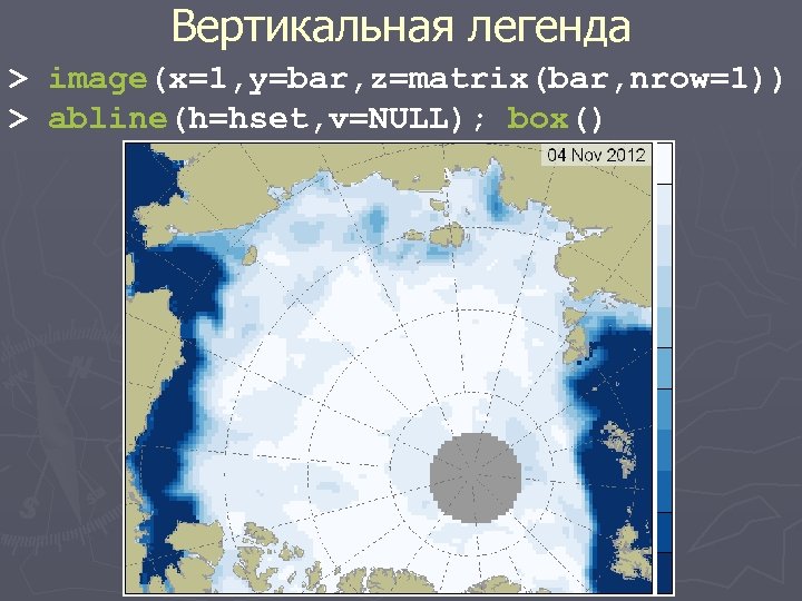 Вертикальная легенда > image(x=1, y=bar, z=matrix(bar, nrow=1)) > abline(h=hset, v=NULL); box() 