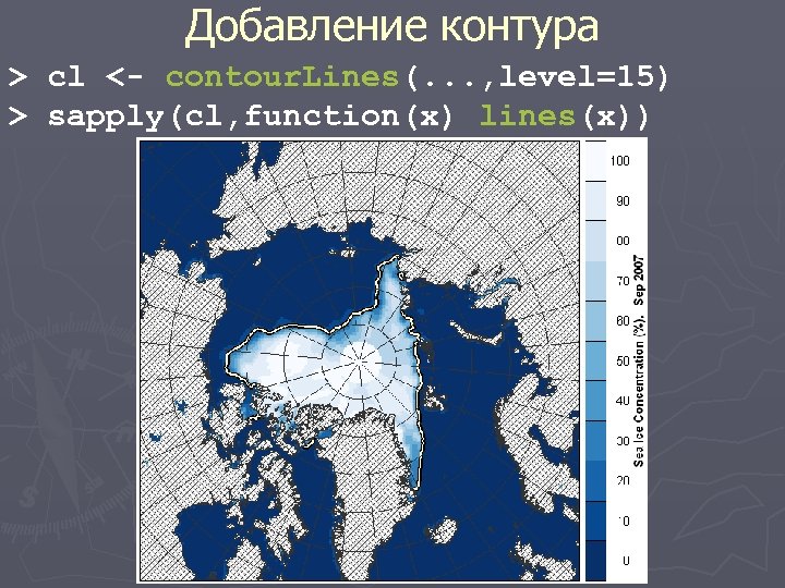 Добавление контура > cl <- contour. Lines(. . . , level=15) > sapply(cl, function(x)
