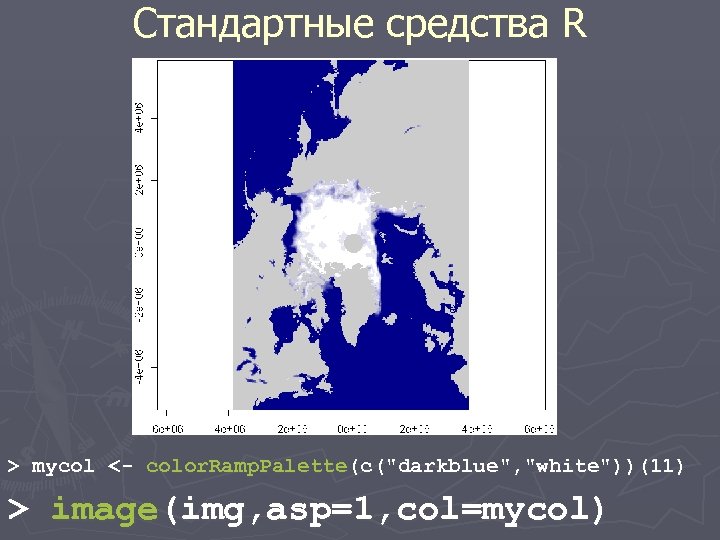 Стандартные средства R > mycol <- color. Ramp. Palette(c("darkblue", "white"))(11) > image(img, asp=1, col=mycol)