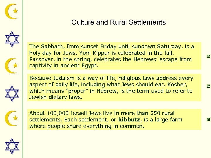 Culture and Rural Settlements The Sabbath, from sunset Friday until sundown Saturday, is a