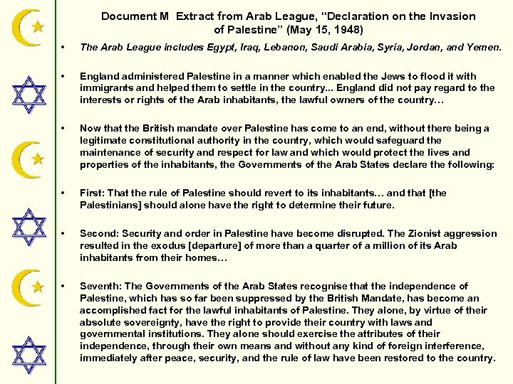 Document M Extract from Arab League, “Declaration on the Invasion of Palestine” (May 15,