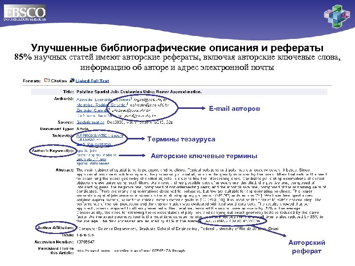 Улучшенные библиографические описания и рефераты 85% научных статей имеют авторские рефераты, включая авторские ключевые