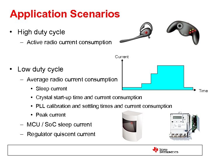 Application Scenarios • High duty cycle – Active radio current consumption Current • Low