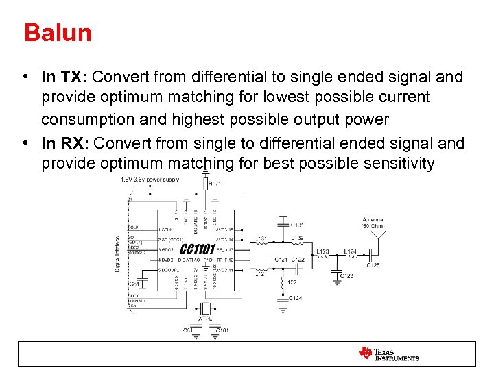 Balun • In TX: Convert from differential to single ended signal and provide optimum