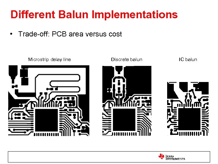 Different Balun Implementations • Trade-off: PCB area versus cost Microstrip delay line Discrete balun