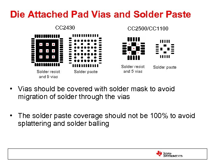 Die Attached Pad Vias and Solder Paste CC 2430 Solder resist and 9 vias