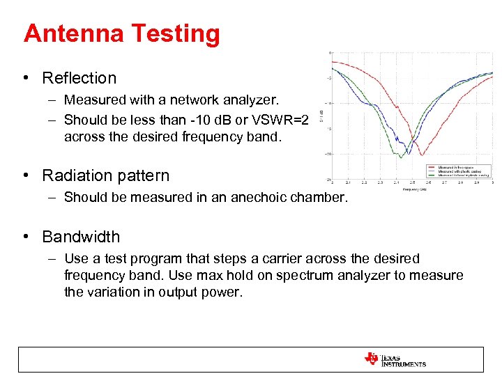 Antenna Testing • Reflection – Measured with a network analyzer. – Should be less