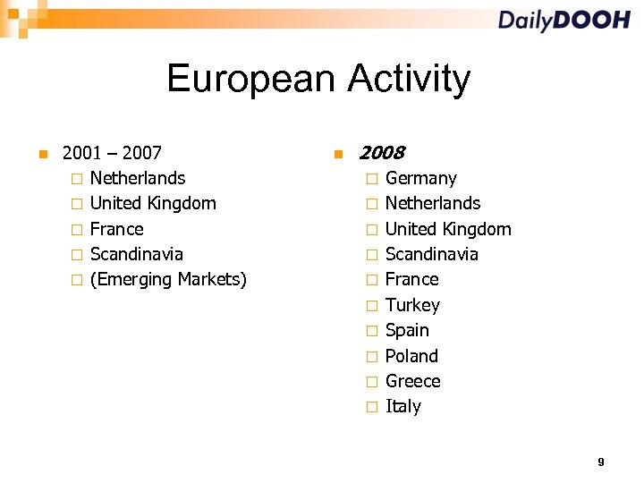 European Activity 2001 – 2007 Netherlands United Kingdom France Scandinavia (Emerging Markets) 2008 Germany