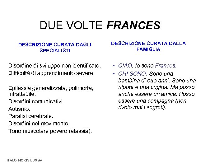 DUE VOLTE FRANCES DESCRIZIONE CURATA DAGLI SPECIALISTI Disordine di sviluppo non identificato. Difficoltà di