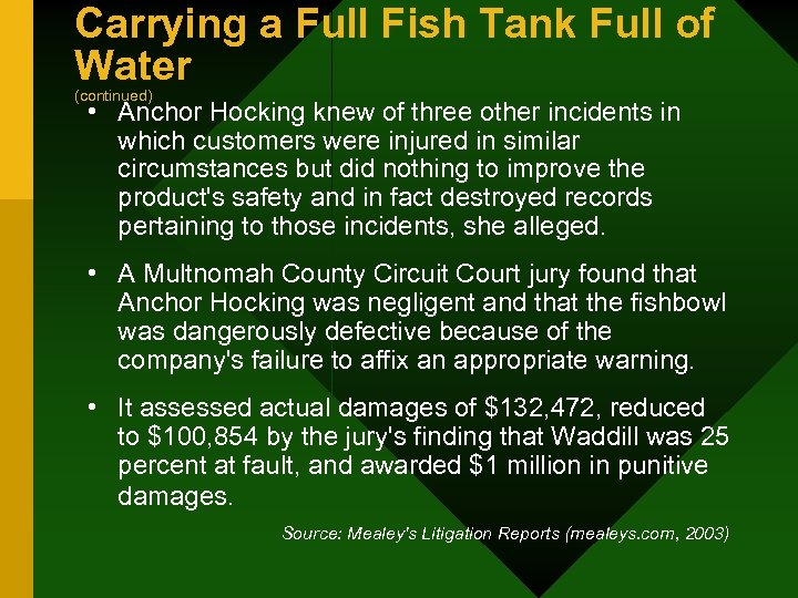 Carrying a Full Fish Tank Full of Water (continued) • Anchor Hocking knew of