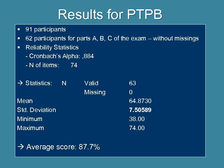 Results for PTPB § 91 participants § 62 participants for parts A, B, C