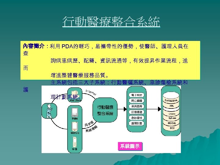 行動醫療整合系統 內容簡介：利用 PDA的輕巧，易攜帶性的優勢，使醫師、護理人員在 查 詢病患病歷、配藥、資訊流通等，有效提昇作業流程，進 而 增進整體醫療服務品質。 主系統包括三大子系統：行動醫囑系統、急診傷檢系統和 護 理計劃系統。 系統圖示 