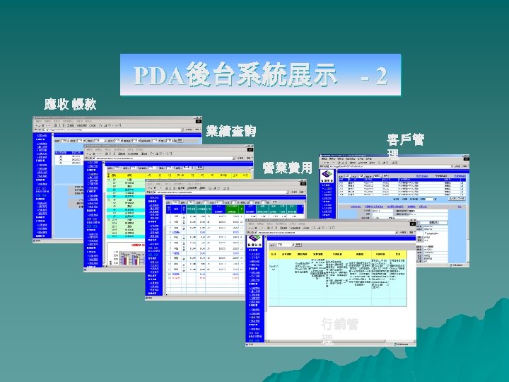PDA後台系統展示 - 2 應收 帳款 業績查詢 客戶管 理 營業費用 行銷管 理 