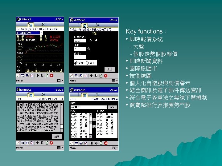 Key functions： • 即時報價系統 - 大盤 - 個股走勢個股報價 • 即時新聞資料 • 國際股匯市 • 技術線圖