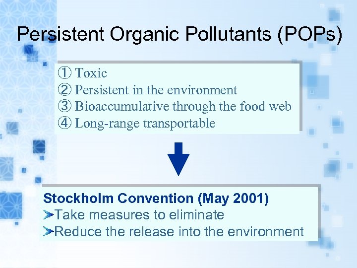 Persistent Organic Pollutants (POPs) ① Toxic ② Persistent in the environment ③ Bioaccumulative through