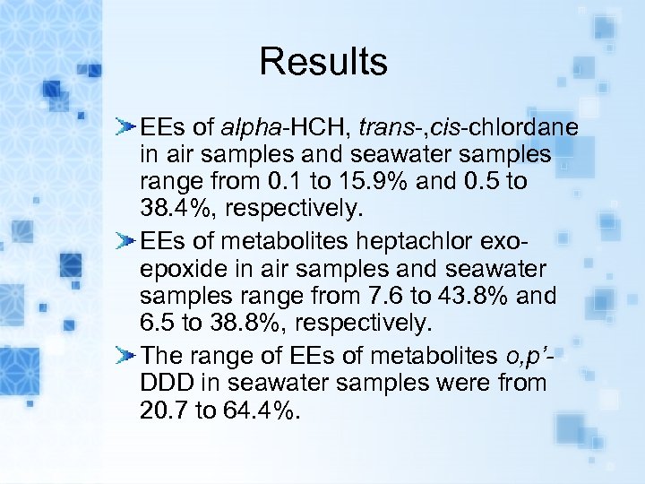 Results EEs of alpha-HCH, trans-, cis-chlordane in air samples and seawater samples range from