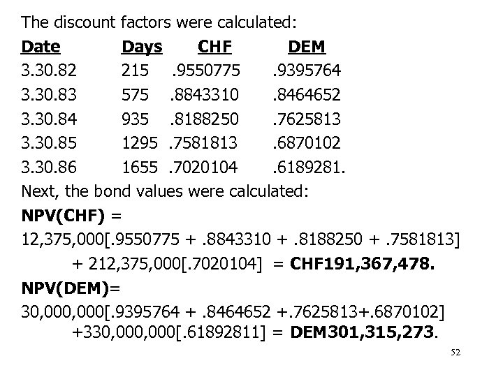 The discount factors were calculated: Date Days CHF DEM 3. 30. 82 215. 9550775.