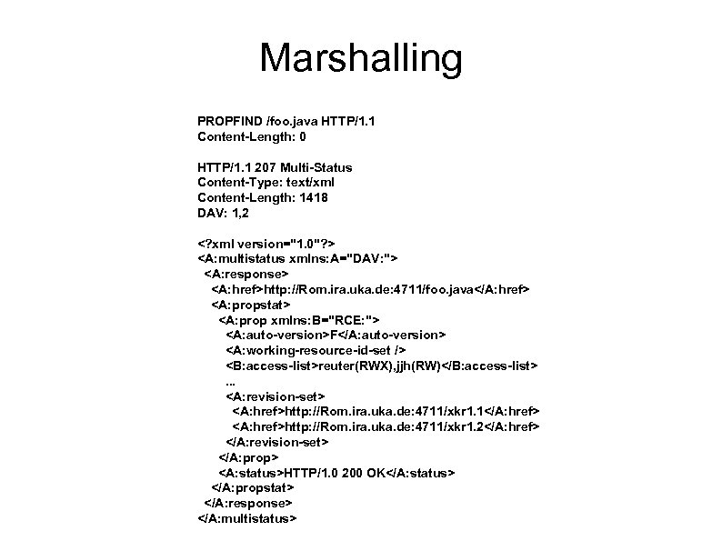 Marshalling PROPFIND /foo. java HTTP/1. 1 Content-Length: 0 HTTP/1. 1 207 Multi-Status Content-Type: text/xml
