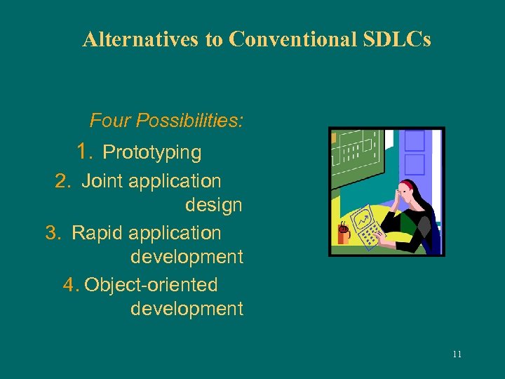 Alternatives to Conventional SDLCs Four Possibilities: 1. Prototyping 2. Joint application design 3. Rapid