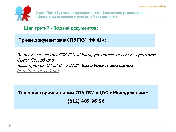 www. coo-molod. ru Санкт-Петербургское государственное бюджетное учреждение «Центр оздоровления и отдыха «Молодежный» Шаг третий