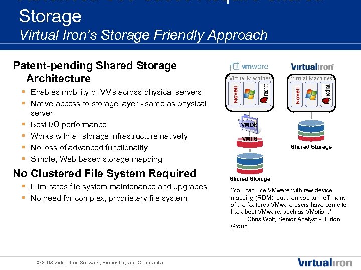 Advanced Use Cases Require Shared Storage Virtual Iron’s Storage Friendly Approach Patent-pending Shared Storage