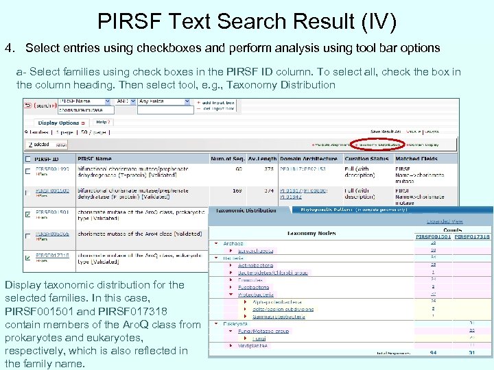 PIRSF Text Search Result (IV) 4. Select entries using checkboxes and perform analysis using