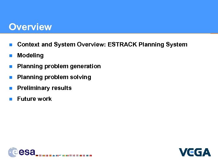 Overview n Context and System Overview: ESTRACK Planning System n Modeling n Planning problem