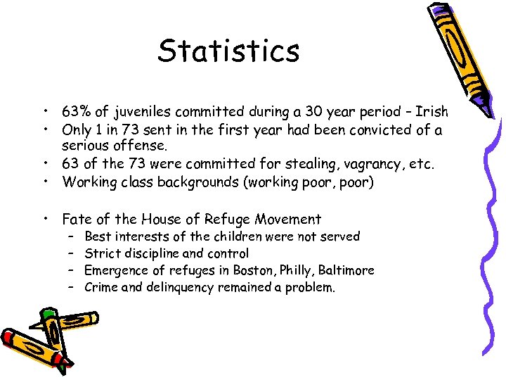 Statistics • 63% of juveniles committed during a 30 year period – Irish •