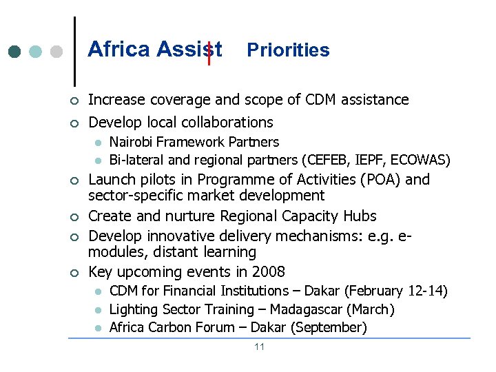 Africa Assist Priorities ¢ Increase coverage and scope of CDM assistance ¢ Develop local