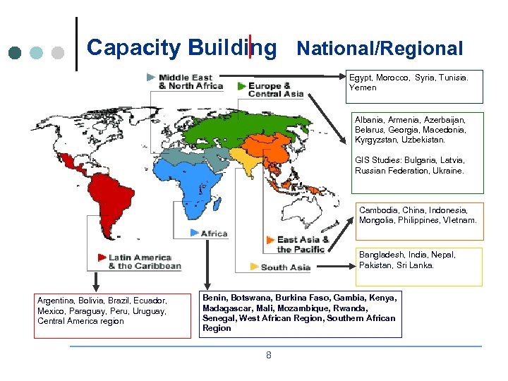 Capacity Building National/Regional Egypt, Morocco, Syria, Tunisia. Yemen Albania, Armenia, Azerbaijan, Belarus, Georgia, Macedonia,