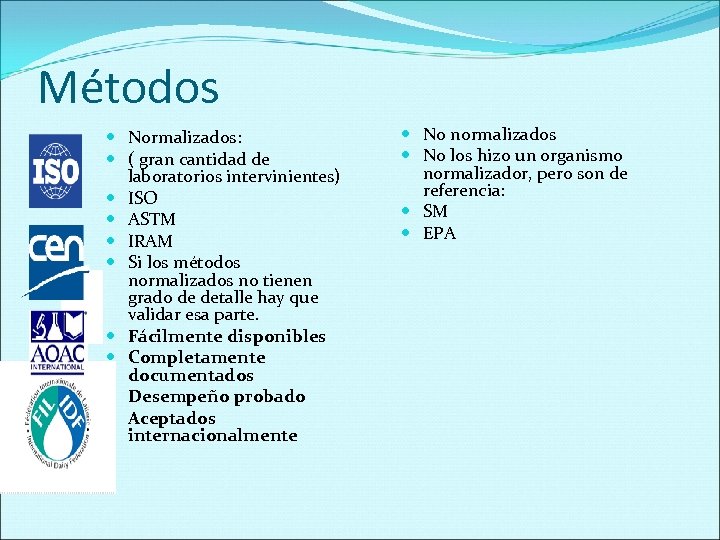 Métodos Normalizados: ( gran cantidad de laboratorios intervinientes) ISO ASTM IRAM Si los métodos