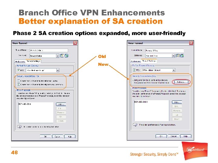 Branch Office VPN Enhancements Better explanation of SA creation Phase 2 SA creation options