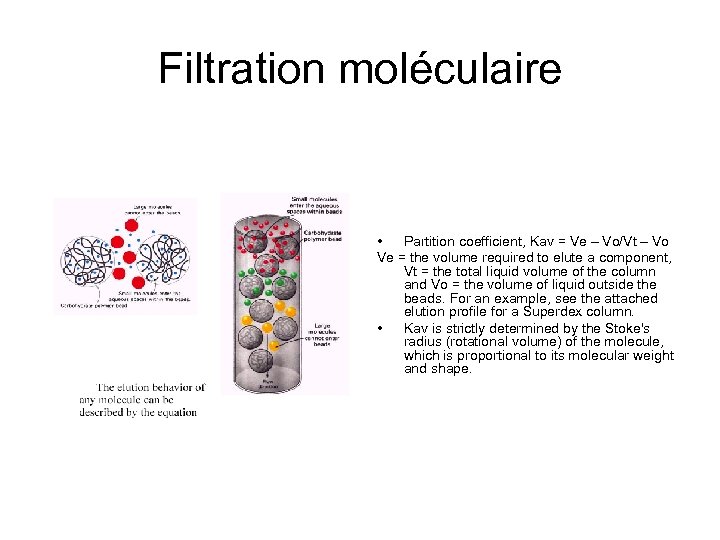 Filtration moléculaire • Partition coefficient, Kav = Ve – Vo/Vt – Vo Ve =