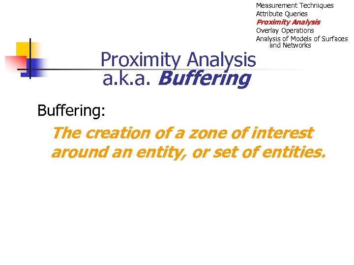 Measurement Techniques Attribute Queries Proximity Analysis Overlay Operations Analysis of Models of Surfaces and