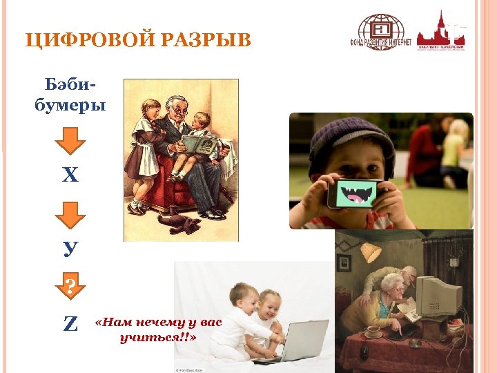 ЦИФРОВОЙ РАЗРЫВ Бэбибумеры Х У ? Z «Нам нечему у вас учиться!!» 