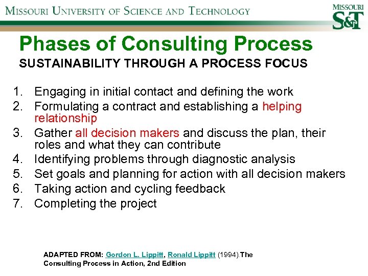 Phases of Consulting Process SUSTAINABILITY THROUGH A PROCESS FOCUS 1. Engaging in initial contact