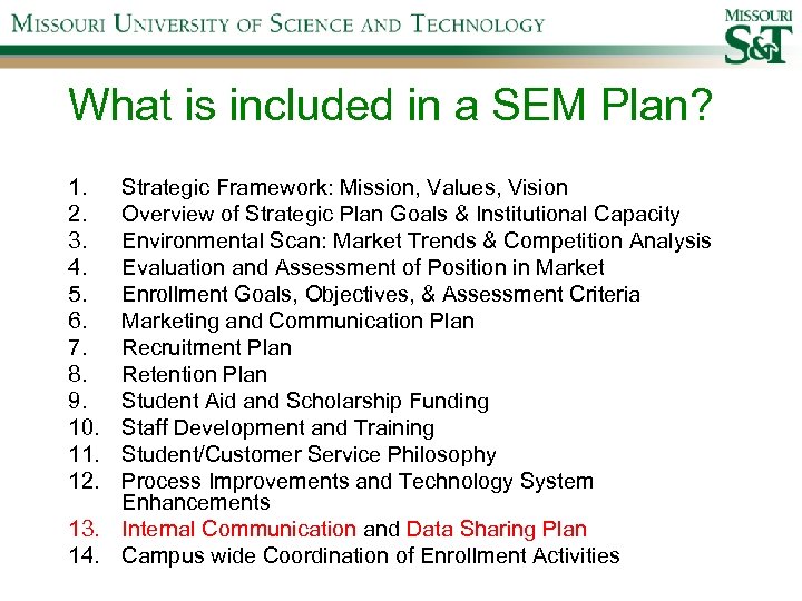 What is included in a SEM Plan? 1. 2. 3. 4. 5. 6. 7.