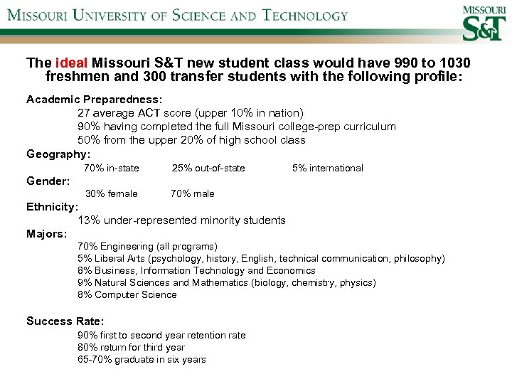 The ideal Missouri S&T new student class would have 990 to 1030 freshmen and