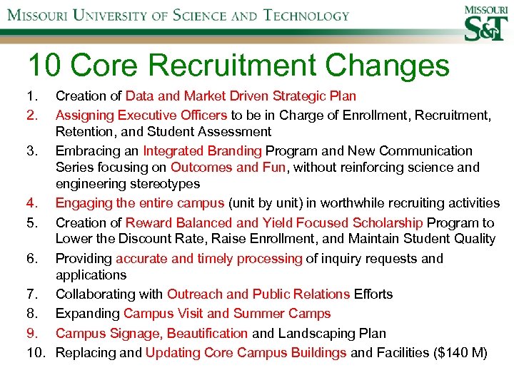 10 Core Recruitment Changes 1. 2. Creation of Data and Market Driven Strategic Plan