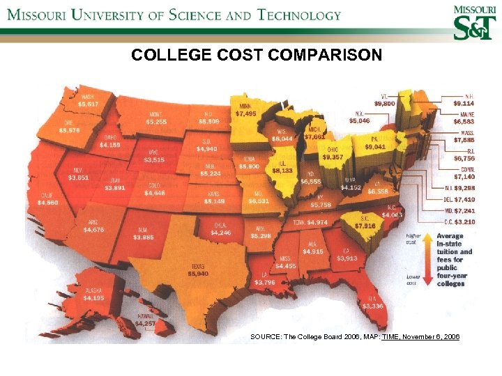COLLEGE COST COMPARISON SOURCE: The College Board 2006, MAP: TIME, November 6, 2006 