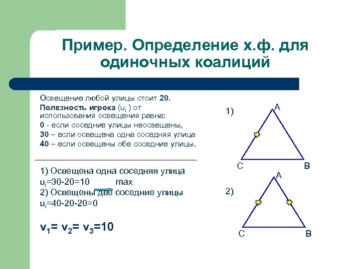 Пример. Определение х. ф. для одиночных коалиций Освещение любой улицы стоит 20. Полезность игрока