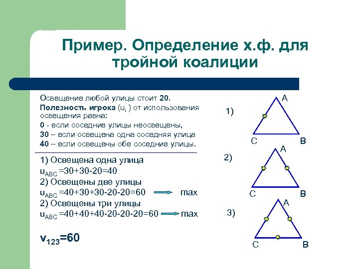 Пример. Определение х. ф. для тройной коалиции Освещение любой улицы стоит 20. Полезность игрока