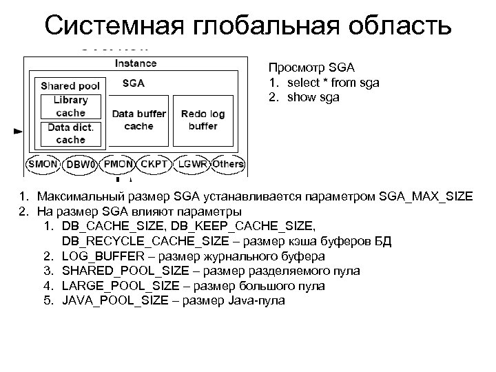 Системная глобальная область Просмотр SGA 1. select * from sga 2. show sga 1.
