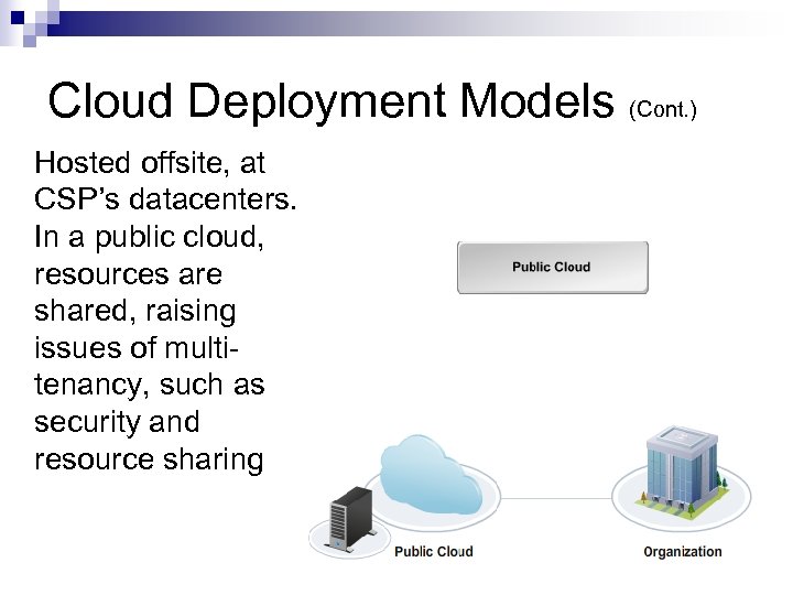 Cloud Deployment Models (Cont. ) Hosted offsite, at CSP’s datacenters. In a public cloud,