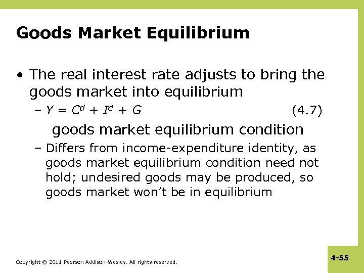 Goods Market Equilibrium • The real interest rate adjusts to bring the goods market