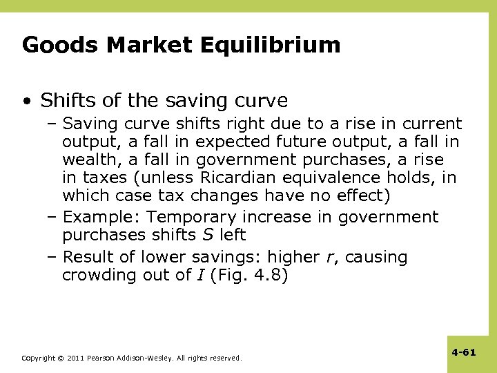 Goods Market Equilibrium • Shifts of the saving curve – Saving curve shifts right