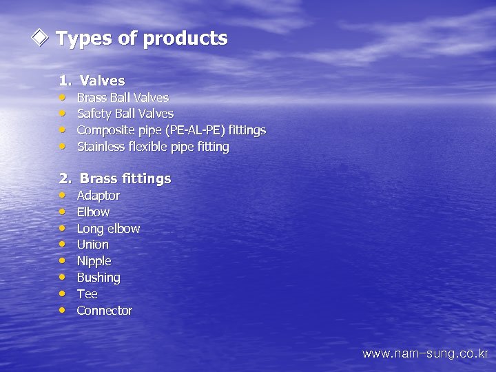 ◈ Types of products 1. Valves • • Brass Ball Valves Safety Ball Valves